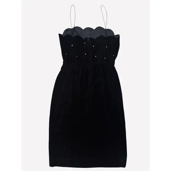 Vintage Black Velvet Mini Cami Dress & Jacket Scalloped Trim Rhinestones Size 12 - Picture 4 of 8